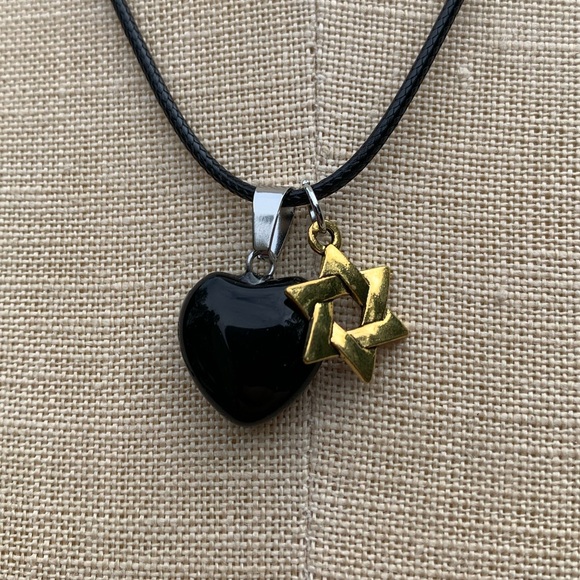 Handmade Heart Obsidian Stone Amulet with Star of David Charm - Picture 3 of 9
